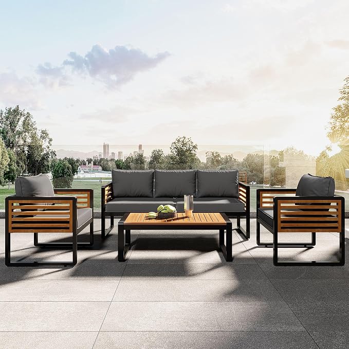 SOFTSEA 4-Piece Outdoor Patio Conversation Set with Coffee Table, Acacia Wood Patio Sofa Set with Thick Cushions & Metal Legs, All-Weather Patio Furniture Set for Backyard Garden Deck, Gray