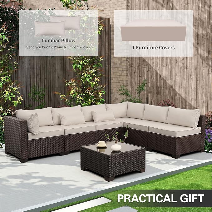 WAROOM Outdoor Patio Furniture Set 7 Pieces Wicker Sectional Sofa Brown Rattan Conversation Couch with Coffee Table, Anti-Slip Thick Beige Cushion