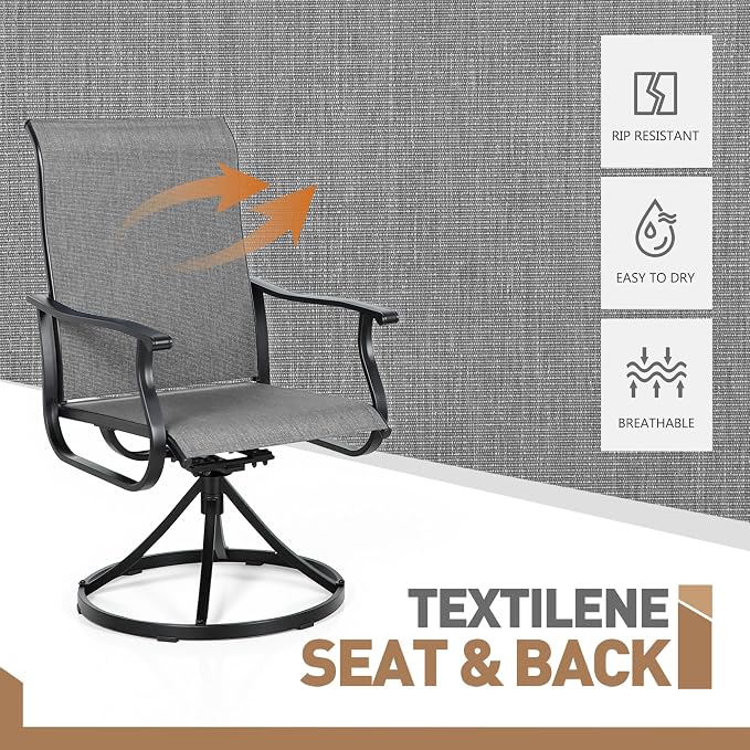 Crownland Outdoor Swivel Dining Chair Set of 4, All Weather 360° Swivel Rocking High Back Model Patio Dining Chairs, Textilene Fabric Wrought Iron Dining Chair Set for Backyard, Lawn, Garden(Grey)