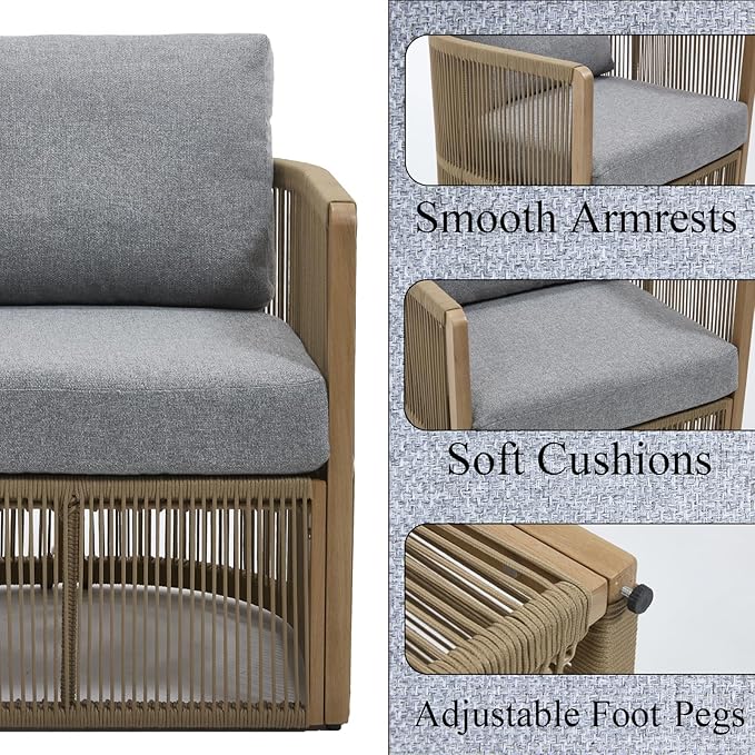 2-Seater Rope Sofa Set with Table, Outdoor Loveseat Patio Rope Chairs Set of 2, Rope Patio Furniture Set, Outdoor Deck Chair with Cushions, Aluminum Outdoor Sofa Sets in All Weather, Grey