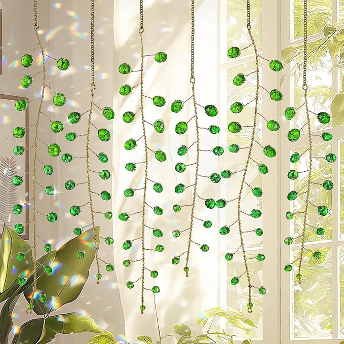 6 Pcs Crystal Beaded Suncatchers Artificial Green Plants Hanging Wind Chime | Beaded Glass Plant Suncatcher with Chain for Window Indoor Outdoor Potted Plants Decorations Plant Lover Gift