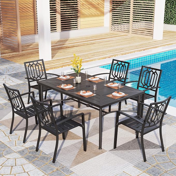 PHI VILLA 7 Pcs Outdoor Dining Set& 64" Rectangular | Metal Table w/ Umbrella Hole and 6 Stackable Dining Chairs.Perfect for Patio, Garden, Deck, Porch, and Yard