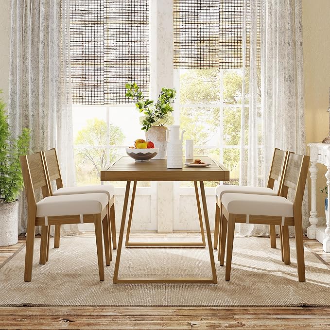 Modern 5 Pieces Patio Dining Table Set, Acacia Wood Dining Table and 4 Chairs,Outdoor Indoor Furniture Set for Garden, Backyard, Balcony (Beige)