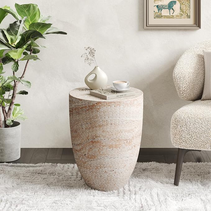 Christopher Knight Home Jaym 17.5" H Indoor Outdoor Accent Side Table, Patio Decorative End Table, Tapered Cylinder Lightweight Concrete Garden Stool for Patio Balcony & Garden Decor, Travertine