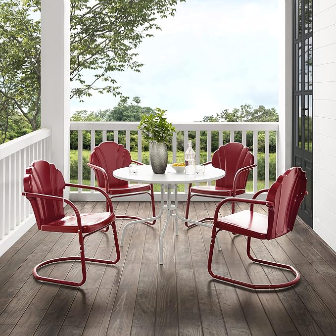 Crosley Furniture Tulip 5-Piece Outdoor Dining Set for 4, Retro Metal Round Patio Table and Chairs for Deck, Dark Red Satin