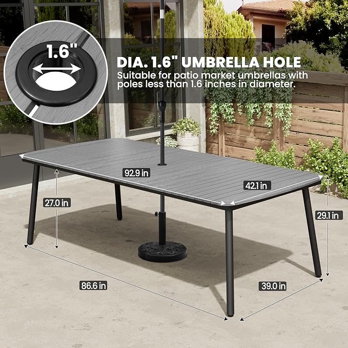 Outdoor Dining Table for 10 Grey 93" Patio Table with Umbrella Hole Rectangle Table with Aluminum Frame and Waterproof Wood-Like Tabletop for Lawn Backyard Garden Poolside