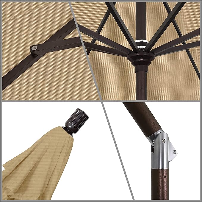 California Umbrella 9' Round Aluminum Market Umbrella, Crank Lift, Collar Tilt, Bronze Pole, Antique Beige Olefin