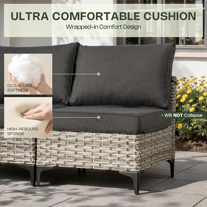 10 Pieces Patio Furniture Set, Outdoor Conversation Set with 360° Swivel Rocker Chairs, Wicker Modular Sectional Sofa & Solar Coffee Table, High Back Outdoor Furniture L Shaped Couch for Porch, Black
