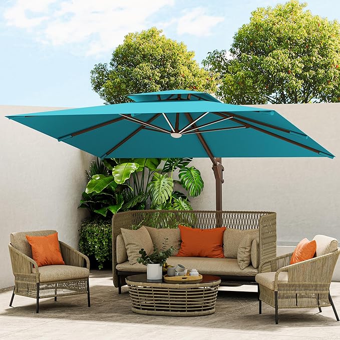 10 X 13 FT Cantilever Outdoor Patio Umbrella with LED Lights Large Heavy Duty 360° Rotation Double Top Offset Rectangular Umbrellas for Backyard Garden Pool Outside Deck, Turquoise