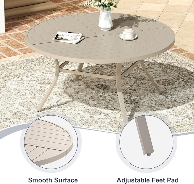 VICLLAX Patio 7 Pieces Outdoor Dining Set, 50" Round Metal Table with Umbrella Hole and 6 Swivel Textilene Chairs for Lawn, Garden, Porch, Sandshell