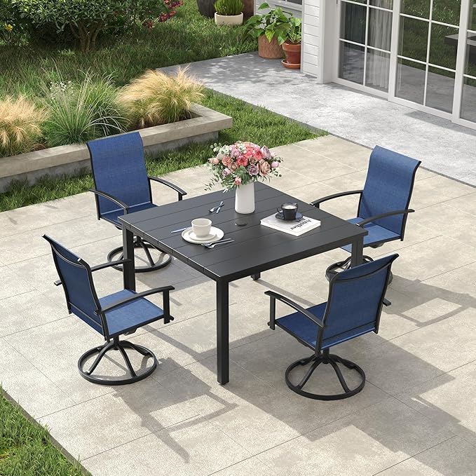 VICLLAX 5 Pieces Patio Dining Set, Patio Furniture Set of Metal Outdoor Table with Umbrella Hole and 4 Swivel Patio Chairs for Backyard Lawn, Dark Blue & Black
