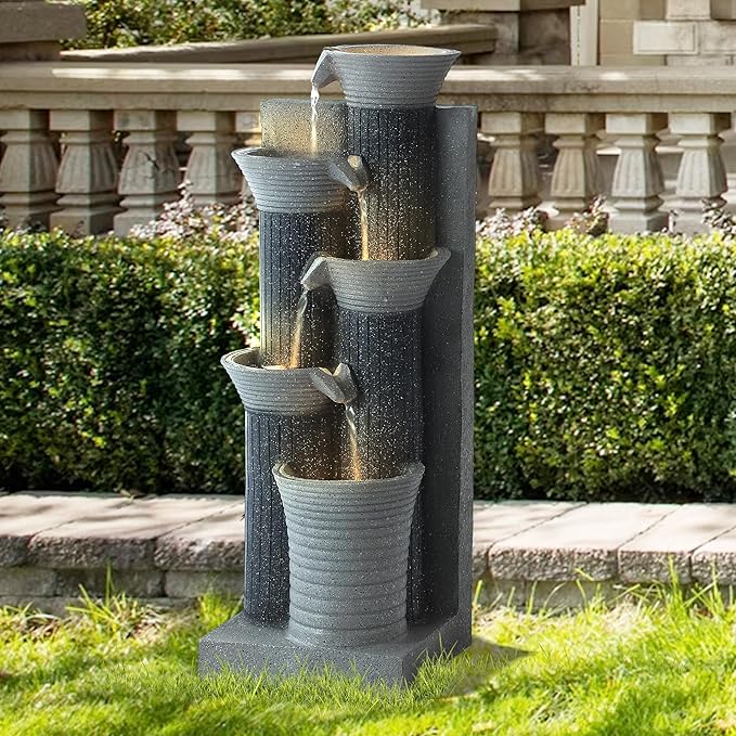 5-Tiers Outdoor Garden Water Fountain with Cascading Rock, Fountains and Waterfalls w/LED,Indoor/Outdoor Floor Standing Water Feature w/Bamboo Joint Decor for Patio, Backyard (Grey)