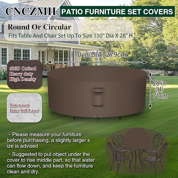 Heavy Duty Patio Furniture Covers Waterproof, 600D Round Outdoor Furniture Cover Waterproof for Sectional Sofa Couch, Outdoor Dining Table and Chair Set Covers 110"DIA x 28"H, Brown