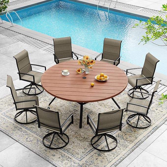 DIFY 9 Pieces Outdoor Patio Dining Set, 8 Brown Padded Textilene Swivel Dining Chairs and 56.3" Walnut Round Dining Table with Faux Wood Top, Outdoor Table and Chairs for Poolside Backyard Deck