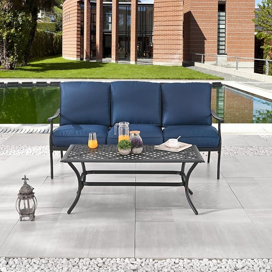 LOKATSE HOME 3 Seat Metal Patio Loveseat Bench Outdoor Furniture Bistro Set with Coffee Table for Lawn Front Porch Garden Yard or Poolside, Blue