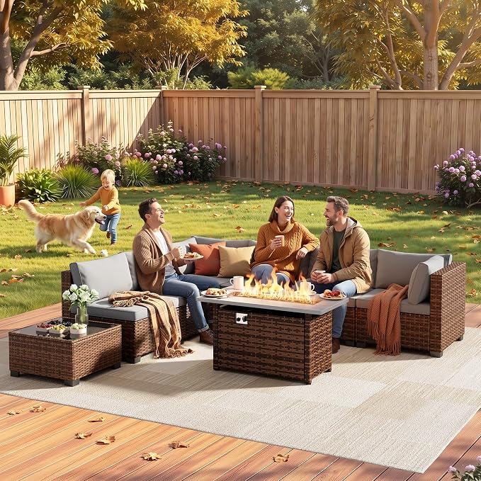 Ahomly 8 Piece Outdoor Patio Furniture Set with 44”Fire Pit Table, Outdoor Wicker Sectional Sofa Conversation Set with Cushions and Glass Coffee Table, for Backyard, Porch, Balcony, Grey