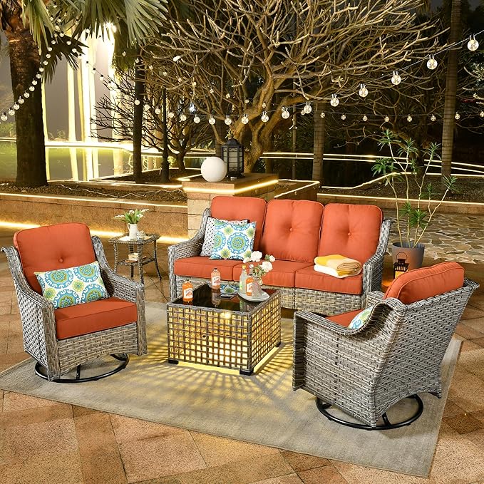 ovios 5 Piece Outdoor Patio Furniture with 3 Seat Sofa,Rattan Wicker Coversation Set with Swivel Rocking Chair,Balcony Sofa Set with Shiny Table for Outside Porch Backyard Pool, Red