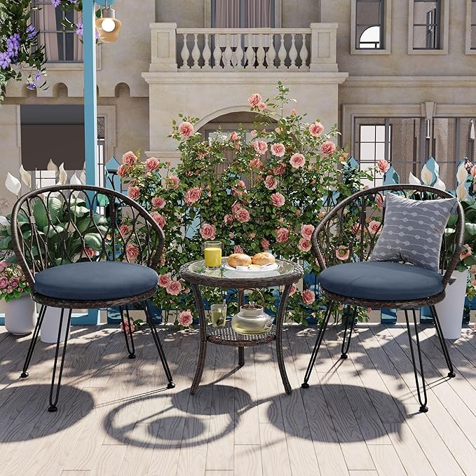 Montary 3 - Piece Outdoor Leisure Set,2 Stylish Hand - Woven Rattan Single Chairs & a Sturdy Tempered Glass Round Table - Ideal for Relaxing on Balconies and Courtyards,Brown & Blue