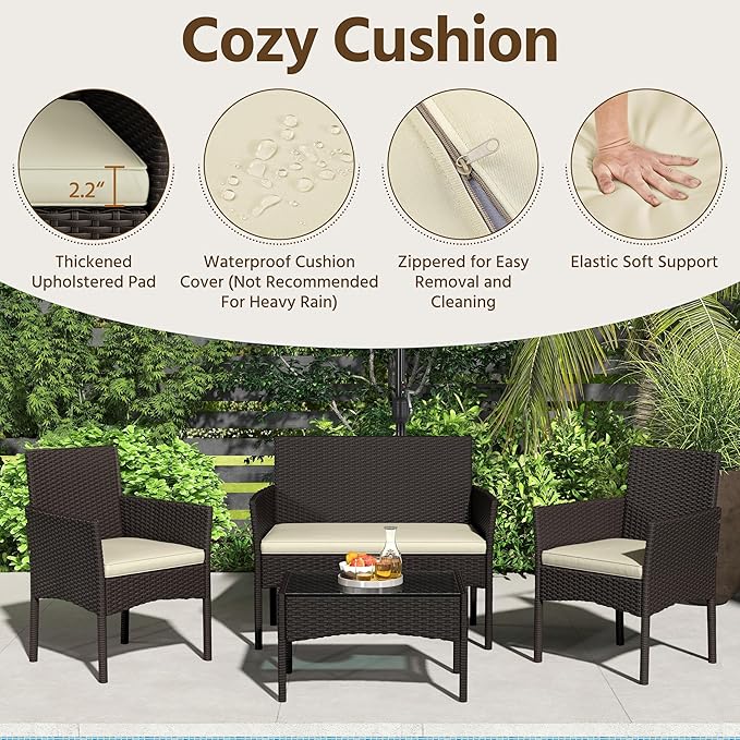 Yaheetech Patio Furniture Set 4 Pieces Conversation Sets, Rattan Chair Wicker Set Loveseat with Soft Cushion and Glass Table for Backyard Porch Garden Poolside Balcony, Brown and Beige