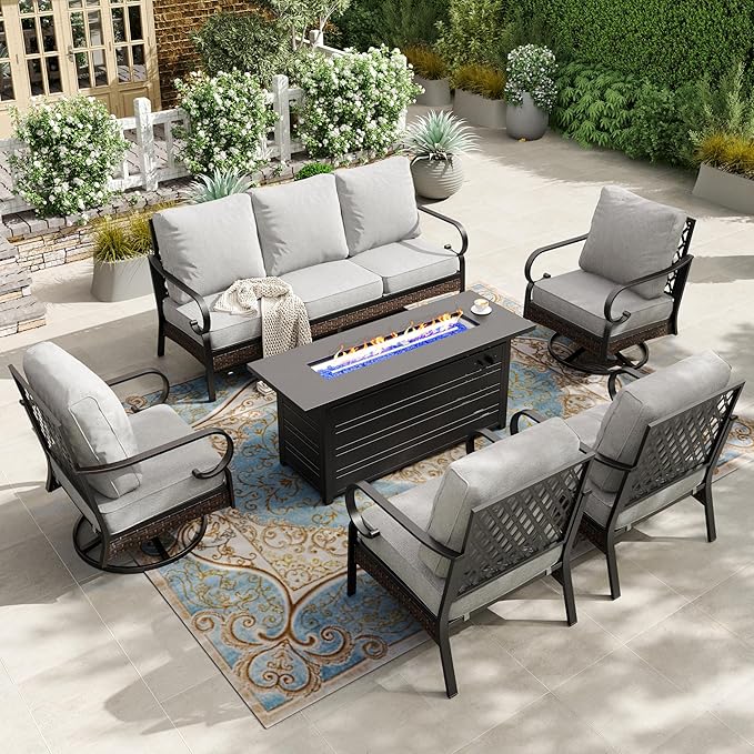 HERA'S HOUSE 6 Piece Metal Patio Furniture Set with 56" Fire Pit Table, All Weather Outdoor Conversation Set 7 Seats, 3 Seat Sofa, 2 Swivel Chairs, 2 Fixed Chairs for Backyard Garden Deck, Light Grey