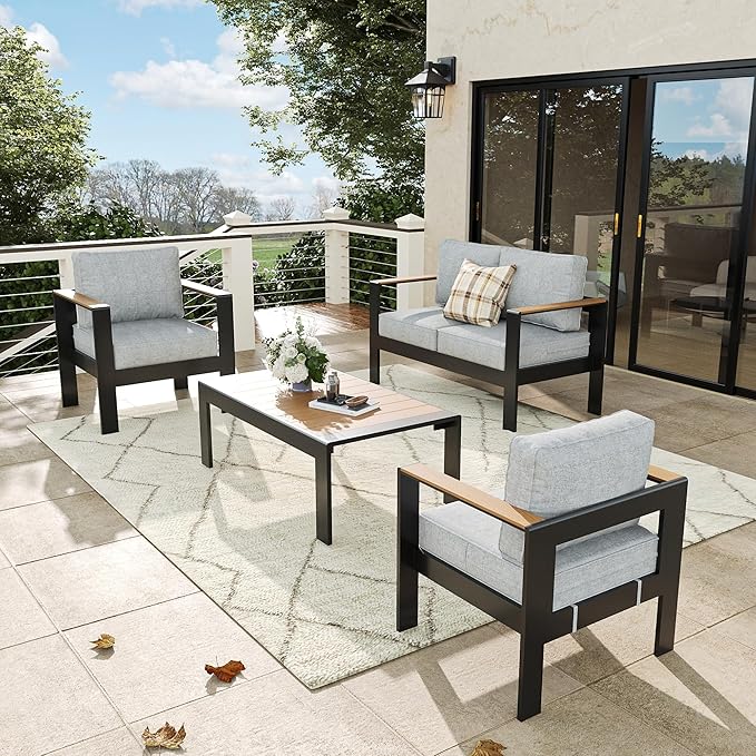 4 Pieces Aluminum Outdoor Patio Furniture Set with Coffee Table, Outside Metal Patio Conversation Sets with Deep Seating and Thick Cushions