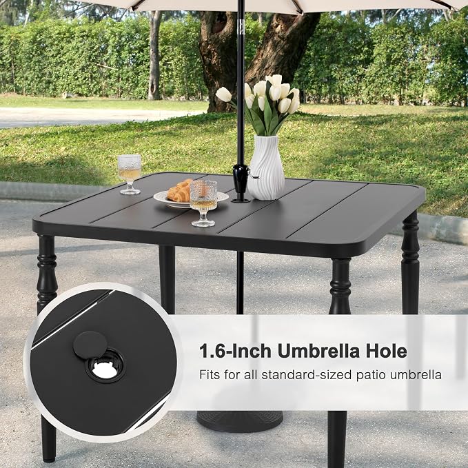NUU GARDEN 5 Piece Patio Dining Set for 4, Swivel Chairs, Black | Square dining table with umbrella hole and 4 Textilene swivel chairs featuring ergonomic high backs and durable steel frames.
