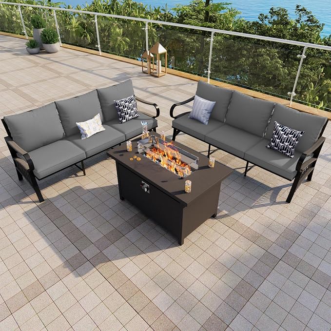 Outdoor Furniture Set, Patio Conversation Set Include 2 x 3-Seater and Fire Pit Table for Deck, Porch, Garden, Backyard, Poolside (Gray, 3-Piece)