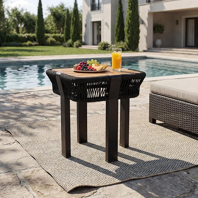 Acacia Wood Side Table, Square Outdoor End Table with Rope & Metal Frame, Small Outdoor Table for Patio, Garden, Poolside, Deck w/UV-Resistant Frame,120 lbs Capacity, Black+Teak