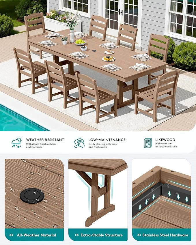 SERWALL 9 Piece Outdoor Dining Set, 84" HDPE Outdoor Table and Armless Chairs Set for 8，All Weather Patio Furniture Set with Umbrella Hole for Backyard, Garden, Brown