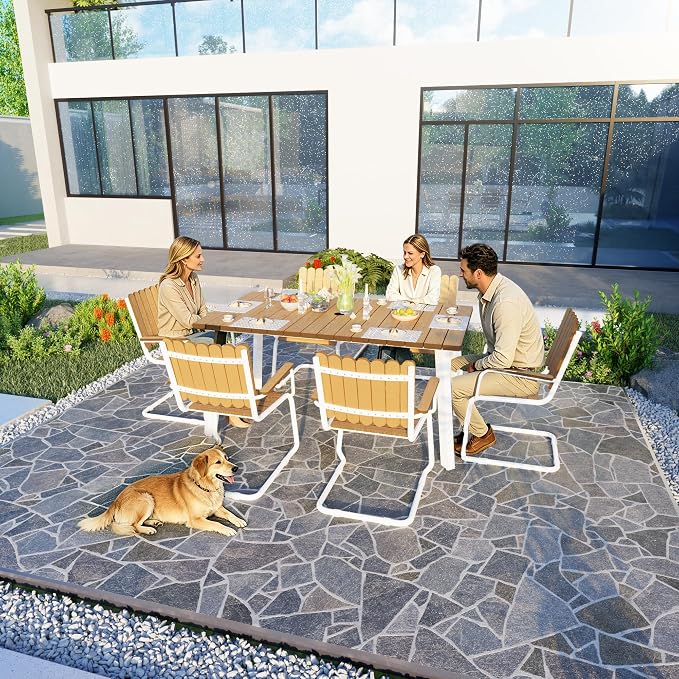 7 Pieces Outdoor Dining Set for 6, Patio Table and Chairs Set with Umbrella Hole, All-Weather HDPE Outdoor Furniture Sets for Backyard Poolside Lawn Garden (White & Teak)