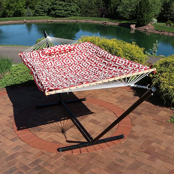 Sunnydaze Rope Hammock with Stand for Outside- 275-Pound Capacity - Includes 12-Foot Hammock Stand, Spreader Bar, Pad, and Pillow - Royal Red