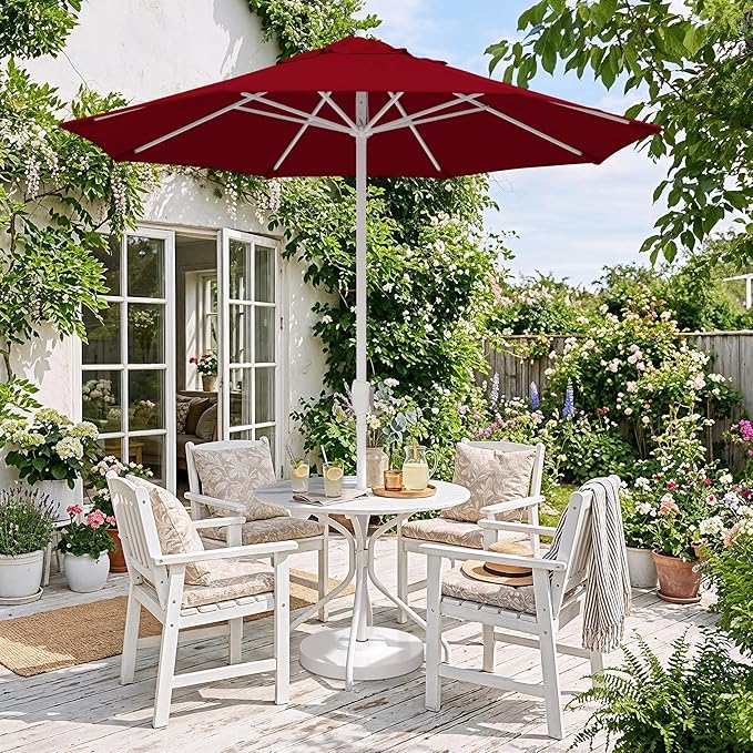 California Umbrella 8-Year Protection 7.5 Ft Outdoor Patio Umbrella, Solstice Fade-Resistant Fabric, Auto-Tilt, Heavy Duty Aluminum Frame, 8 Reinforced Ribs for Pool or Deck, White Pole, Red