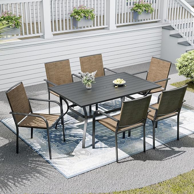 Patio Dining Set,Including 60"x 38" Steel Slat Dining Table and 6 Stackable Patio Chairs,Outdoor Furniture Set with 1.6" Umbrella Hole for All Weather