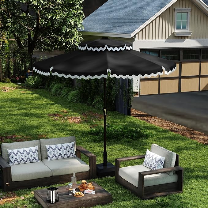 Kingdura 9ft Patio Umbrella with Fringe, Outdoor Table Umbrella with 8 Sturdy Fiberglass Ribs, Push-Button Tilt, Fade Resistant Canopy, UPF 50+, Luxurious Vintage Pool Umbrellas for Lawn, Deck, Balcony