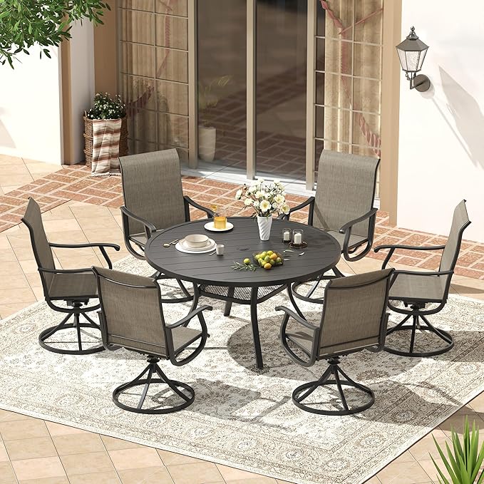 VICLLAX Patio 7 Pieces Outdoor Dining Set,Wrought Iron Metal Outdoor Table and Chairs Set,47.2" Round Table with Umbrella Hole and 6 Swivel Textilene Chairs for Lawn,Garden,Porch,Black/Brown