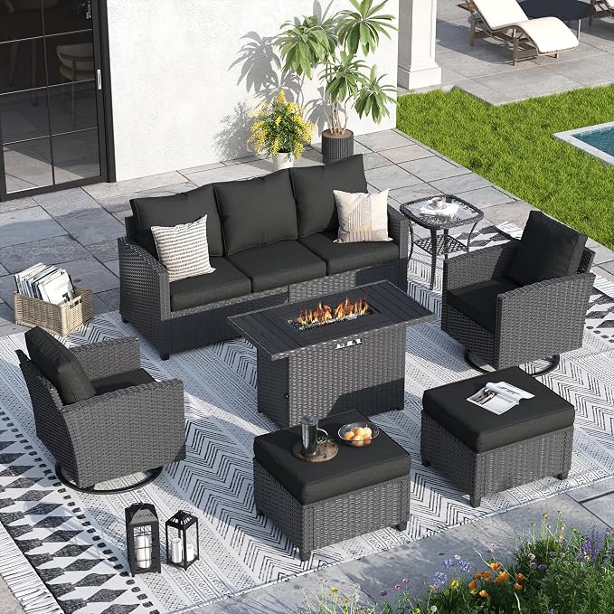 7 Pcs Outdoor Furniture with 44" Fire Pit Table, Rattan Patio Conversation Sets with Swivel Chair, Gas Fire Pit, Ottomans, Side Table, 4" Thick Cushion, for Backyard Garden Deck,Black