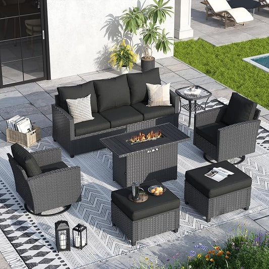 7 Pcs Outdoor Furniture with 44" Fire Pit Table, Rattan Patio Conversation Sets with Swivel Chair, Gas Fire Pit, Ottomans, Side Table, 4" Thick Cushion, for Backyard Garden Deck,Black
