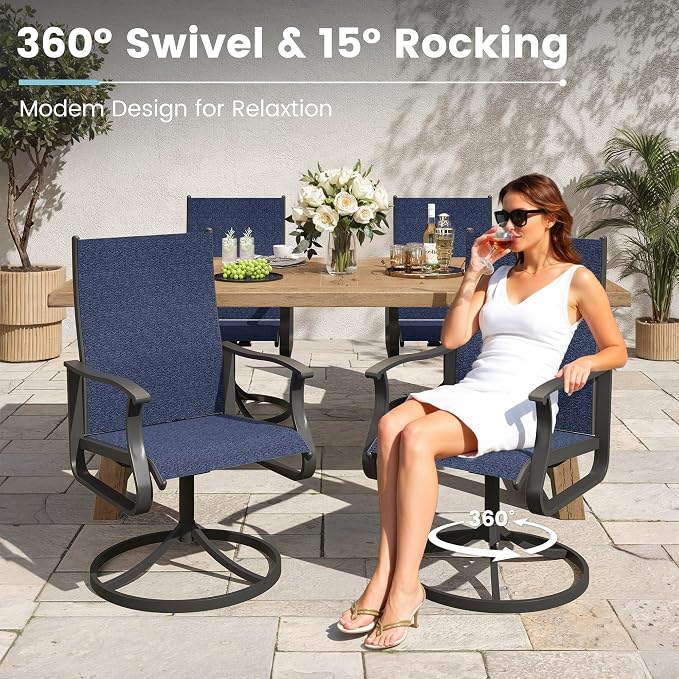 7 Pieces Patio Dining Set, Patio Outdoor Furniture Set of 6 Patio Swivel Dining Chairs and Patio Spliced Rectangular Tabletop with Umbrella Hole, for Deck, Backyard, Poolside & Garden
