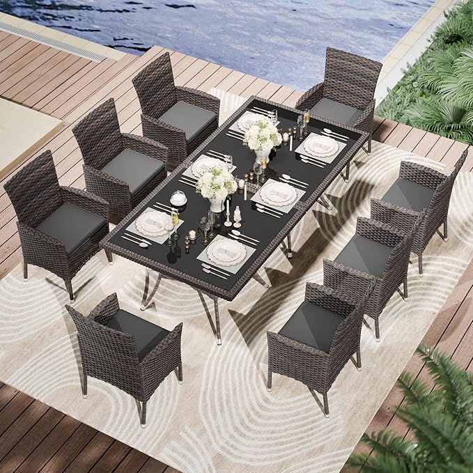 Kullavik 10 Pieces Outdoor Dining Set Patio Rattan Furniture Set,Patio Dining Table and Chairs Set with 8 Chairs and Cushions,Square Glass Tabletop with Umbrella Hole for Patio,Backyard,Grey