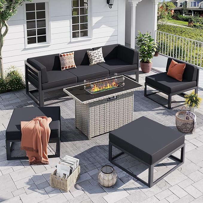 UDPATIO Aluminum Patio Furniture Set with Fire Pit Table, Modular Oversized Outdoor Sectional of Olefin 5 inch Cushion, Coffee Table and Waterproof Cover, Patio Conversation Sets for Porch, Deck