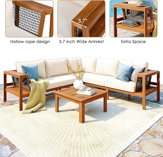 4 Piece Patio Furniture Sofa Set with Coffee Table and Woven Mesh Armrests, L-Shaped Outdoor Acacia Wood Sofa Conversation Set with Gray Cushions and Side Table, Beige Cushion