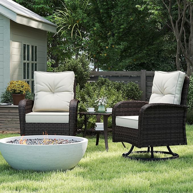 Kromax Outdoor Patio Furniture Set, All-Weather Wicker Swivel Glider Chairs Set of 2 with Coffee Table Table & Thick Machine Washable Cushions for Backyard, Garden, Porch, Brown/Beige