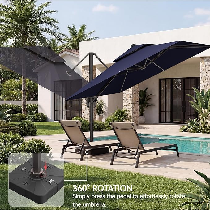 10x10 FT Patio Umbrella with Base, Large Cantilever Double Top Heavy Duty Offset Umbrellas with 360° Rotation, Outdoor shade for Garden Deck Pool, Navy