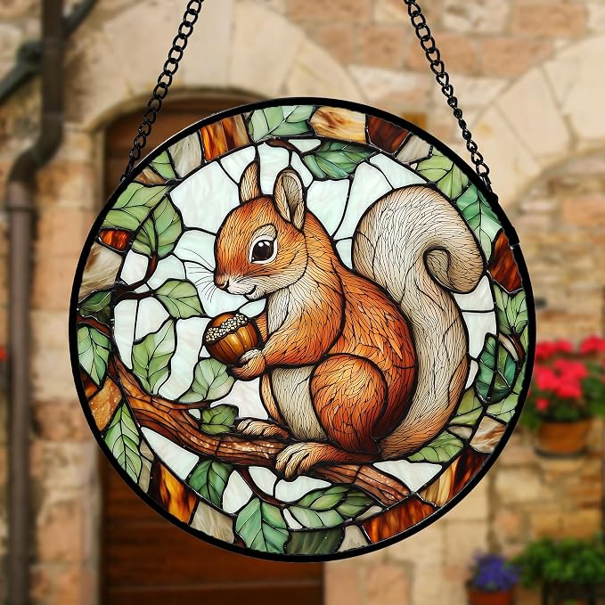 DASTOLL Stained Glass Window Hanging, Squirrel on a Branch Suncatcher Diamond Glass Panel Animal Sun Catchers Decor for Birthday for Women, Men, Wife, Aunt, and Mom 6.3 in