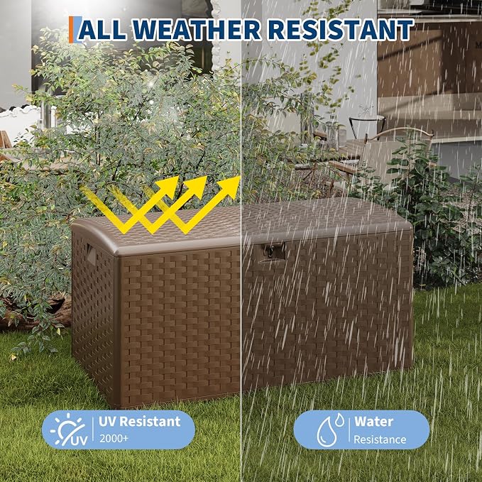 50 * 22 * 25 Inch Brown Resin Deck Box, 99 Gallon Outdoor Storage Box– Waterproof Lockable Outdoor Storage, Patio Container for Cushions/Garden Tools/Pool Accessories -With Gas Strut Brown