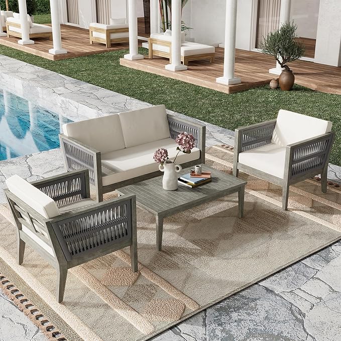 4-Pieces Acacia Wood Patio Furniture Set, Outdoor Furniture with Coffee Table, Patio Conversation Set Deep Seating with Soft Cushion, Porch Chairs for Garden, Backyard Porch Balcony, Grey & Beige