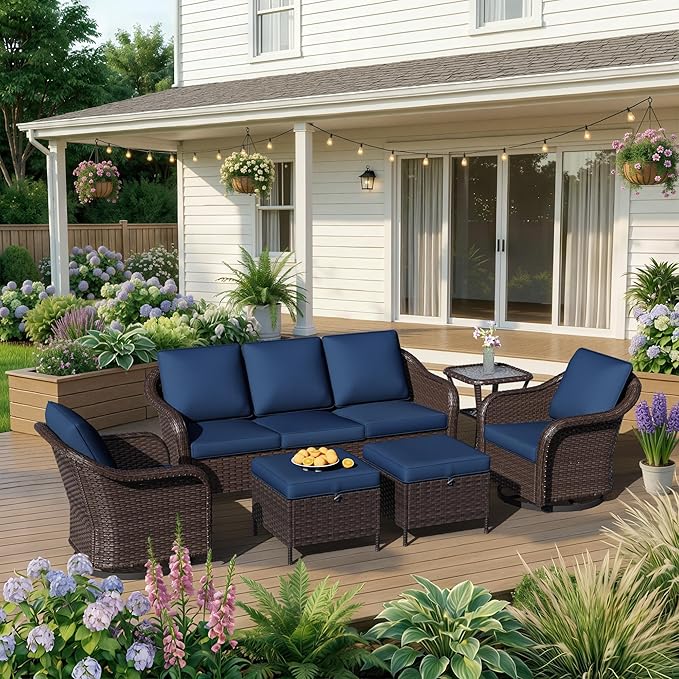 6 Piece Patio Wicker Conversation Set, All-Weather Use Outdoor Wicker Sofa with 2 PE Rattan Ottomans,2 Swivel Chair, 1 Side Table, Ideal for Porch, Backyard, Balcony, Poolside, Blue