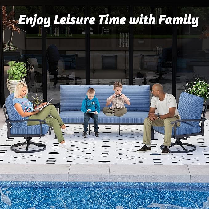 HOMREST Patio Furniture Sets 4 PCS Outdoor Metal Conversation Sets, 360 Degree Swivel Rocking Chairs Patio Conversation Set with Coffee Table and 3-Seat Sofa for Garden, Deck and Poolside