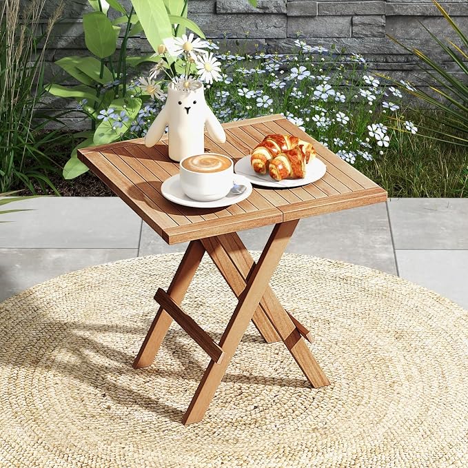 RELAX4LIFE Folding Outdoor Side Table - Teak Wood End Tables, 20'' Square Coffee Bistro Table w/Slatted Tabletop, Portable Picnic Camp Tables for Poolside Porch Garden, Foldable Small Patio Table