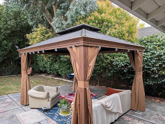 PURPLE LEAF 10' X 12' Outdoor Hardtop Gazebo for Patio Galvanized Steel Double Roof Permanent Canopy Teak Finish Coated Aluminum Frame Pavilion Gazebo with Netting and Curtains